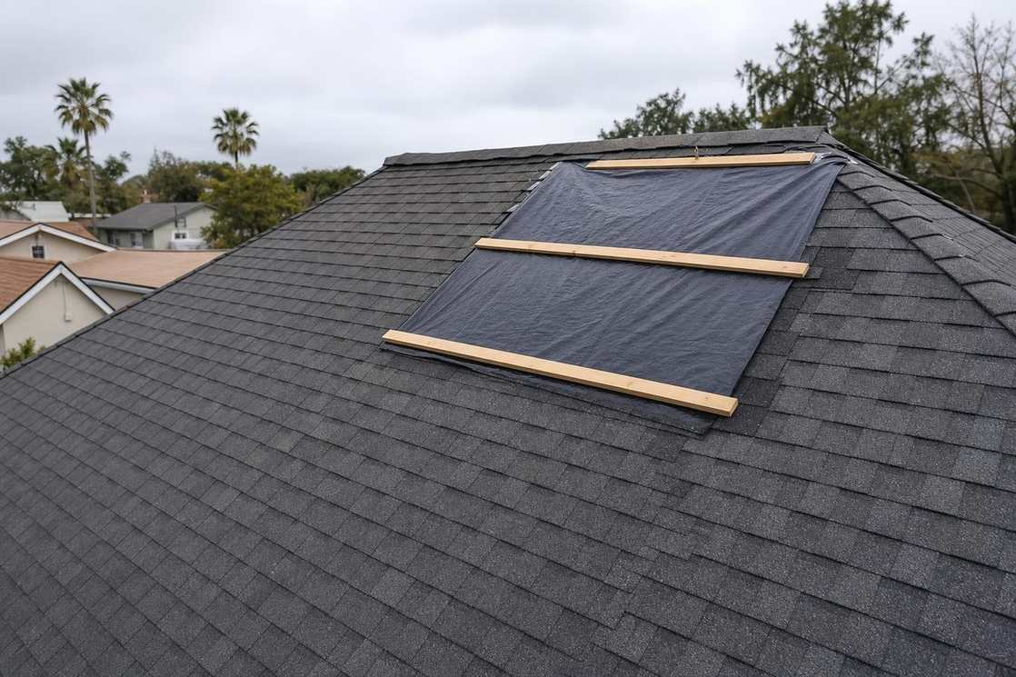 A roofer stabilizing a damaged section of roof.