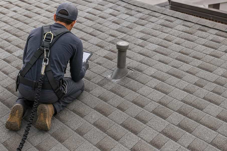 A roofer examining the surface and details of a roof.
