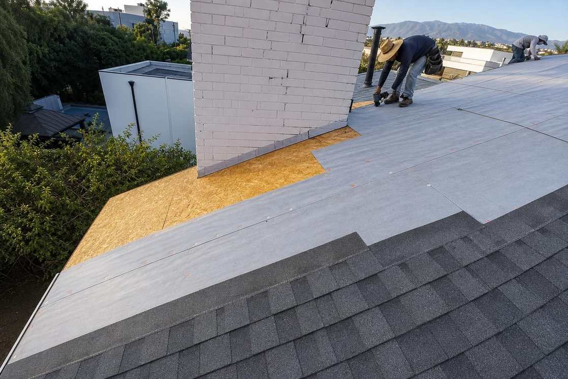 Roofing installation underway across a sloped roof.