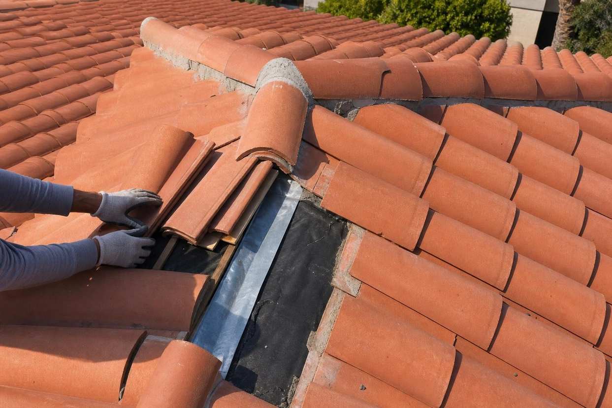 Tile roof repair work across an existing roof plane.