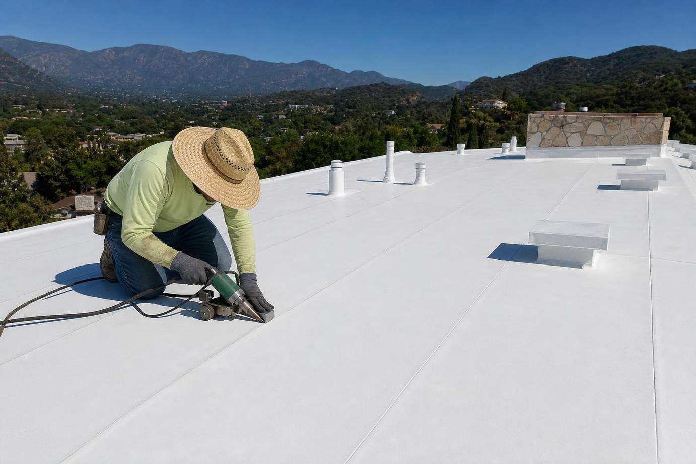 Roofing work across a light-colored low-slope membrane.